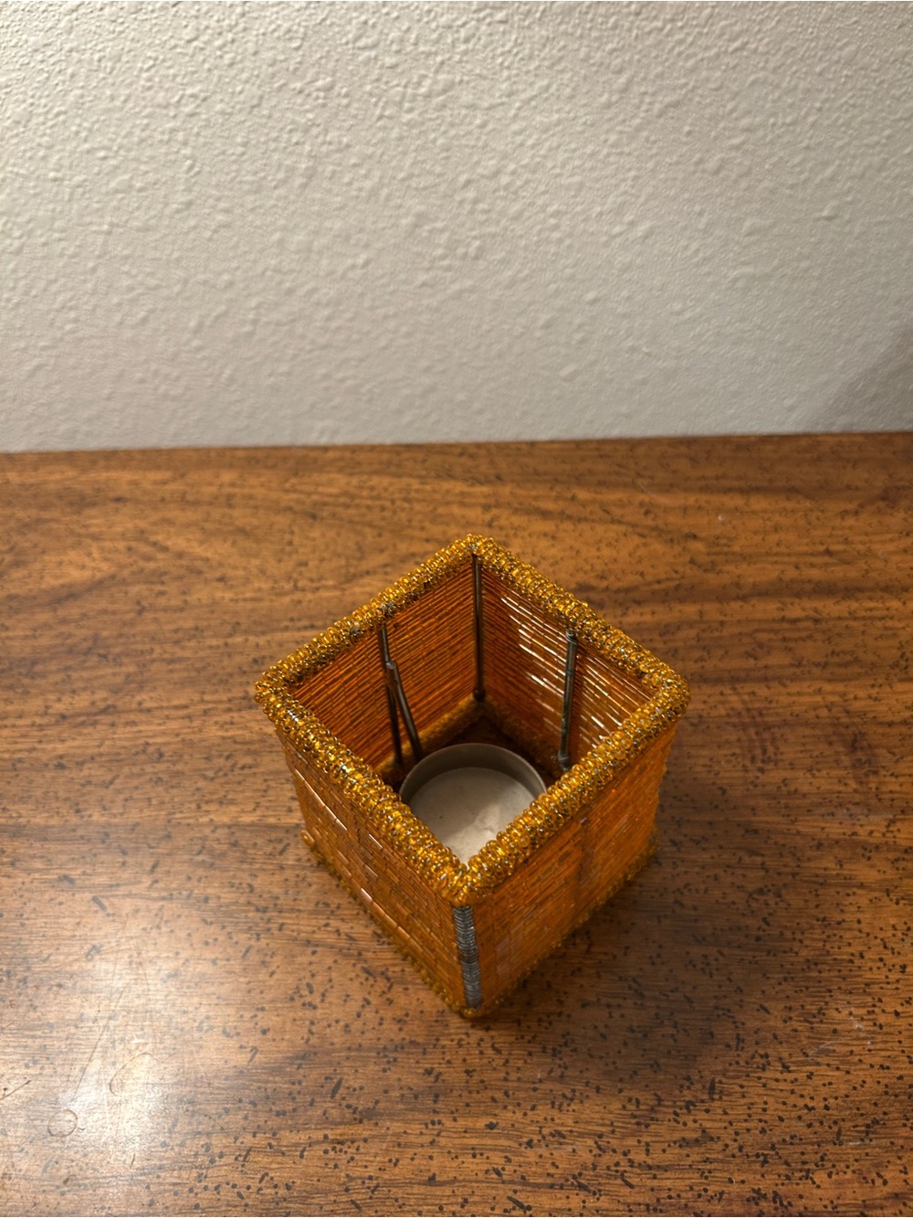 Vintage Handcrafted Amber Beaded Tea Light Holder - Home Accents